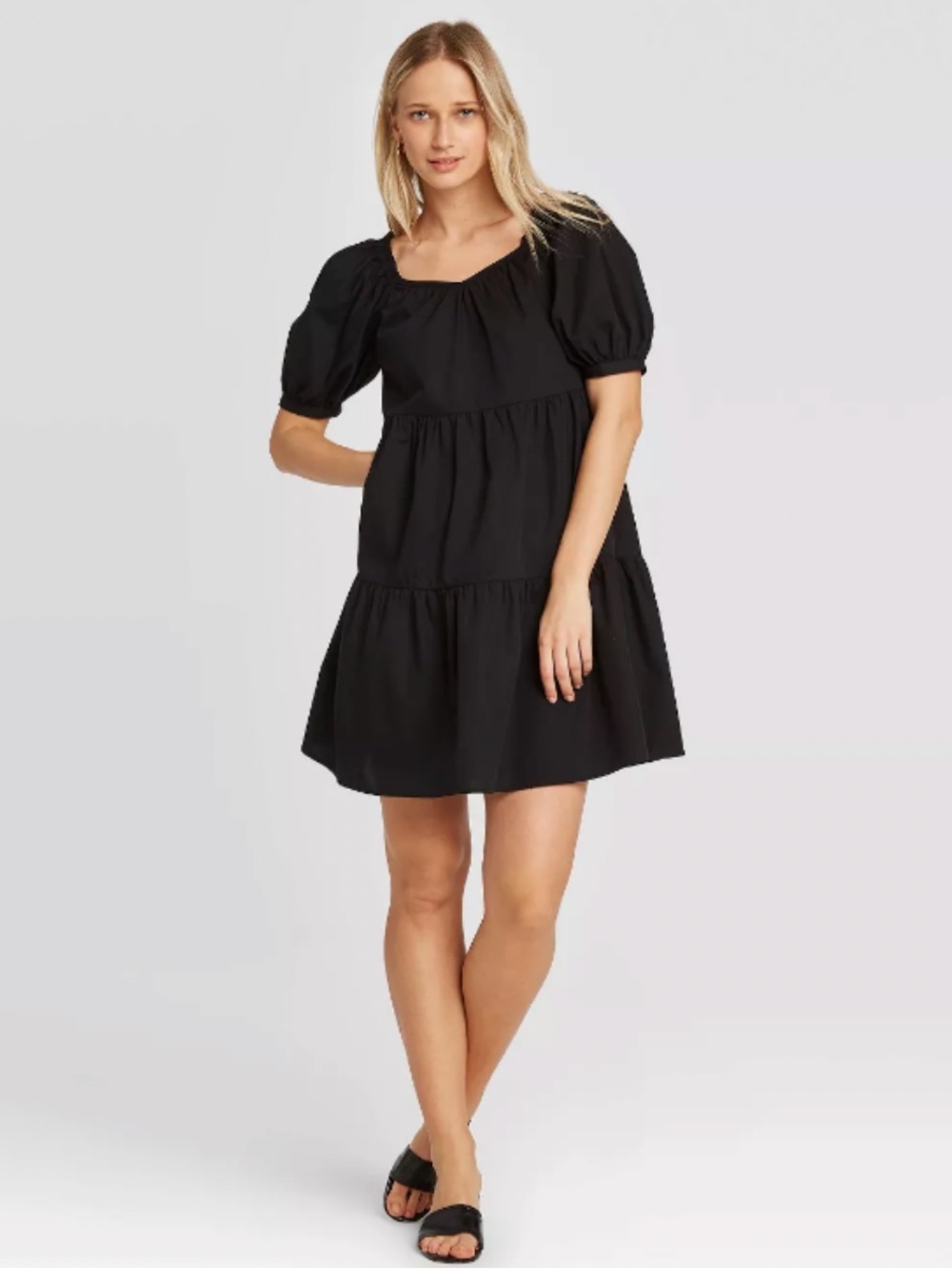 Who What Wear Black Puff Sleeve Tiered Mini Dress
